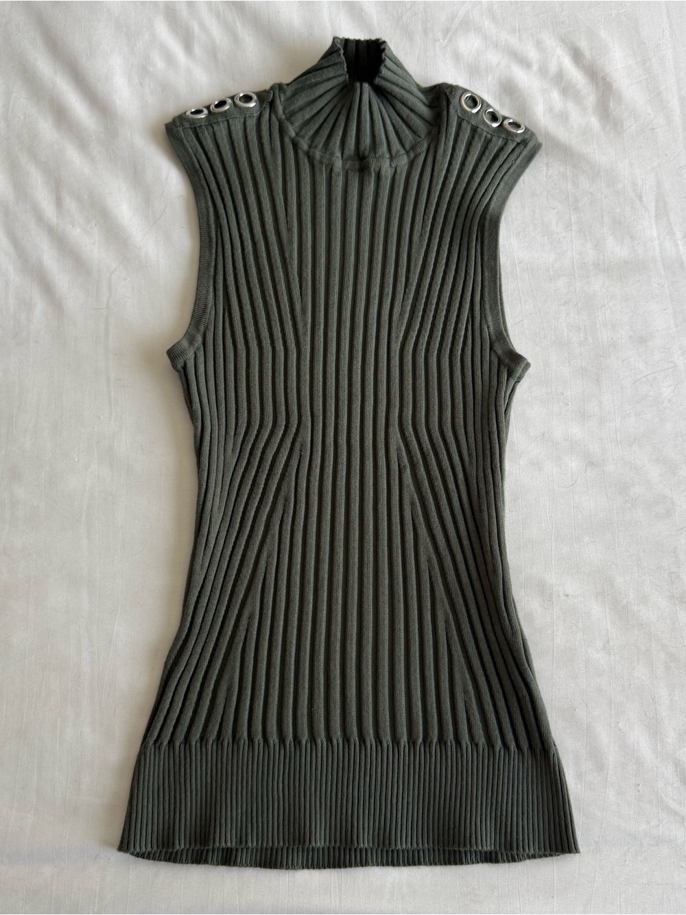 Rafiana Olive Green Ribbed Knit Sleeveless Top with button detail on shoulders